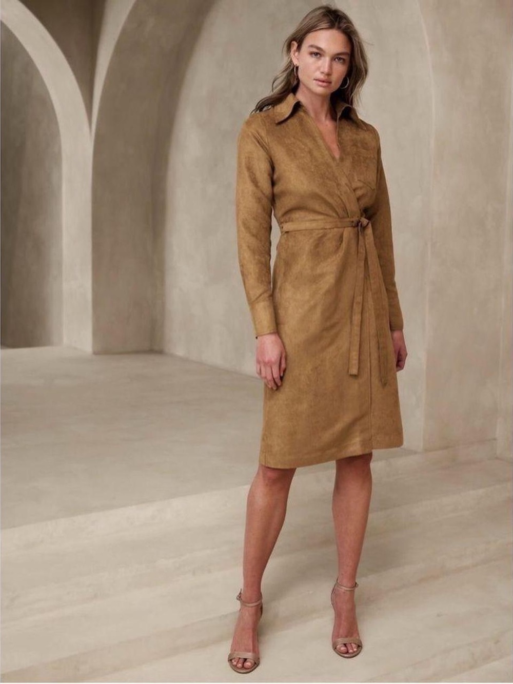 028. Camel Suede Wrap Dress Coat